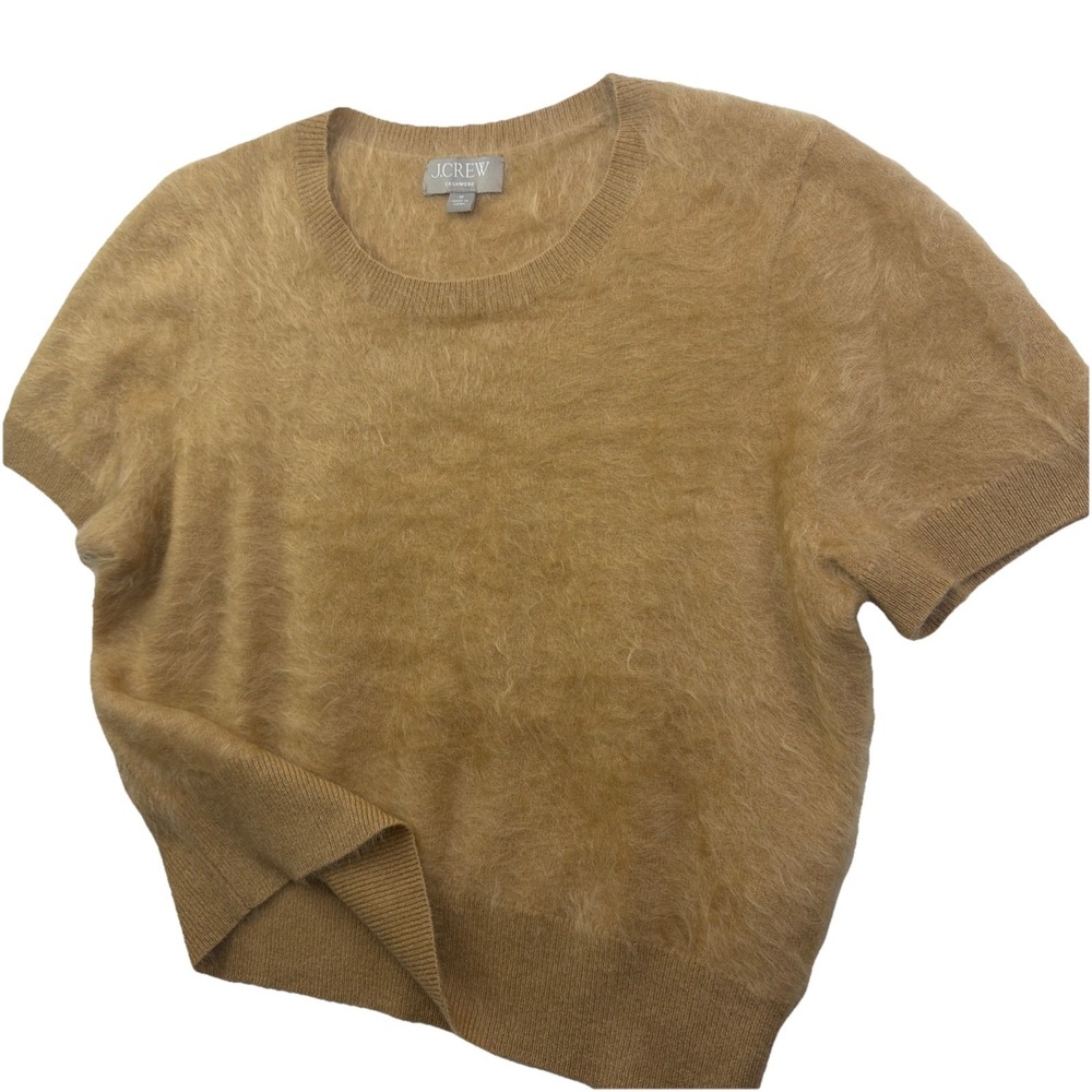 J. Crew Luxe Brushed 100% Cashmere T-Shirt Sweater Tan Brown Fuzzy Soft Women M